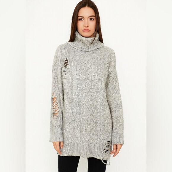 Forever21 Knit Distressed Turtleneck Womens Sweater Dress Sweater M Oatmeal 0017 - Picture 1 of 11